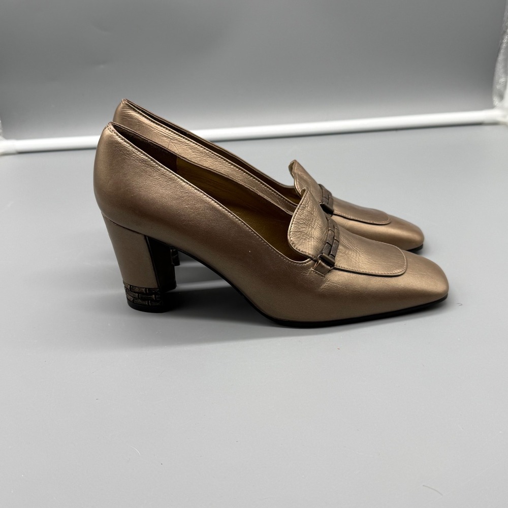 Stuart‎ Weitzman Womens 6M Bronze Metallic Leather Square Toe Block Heel Loafers